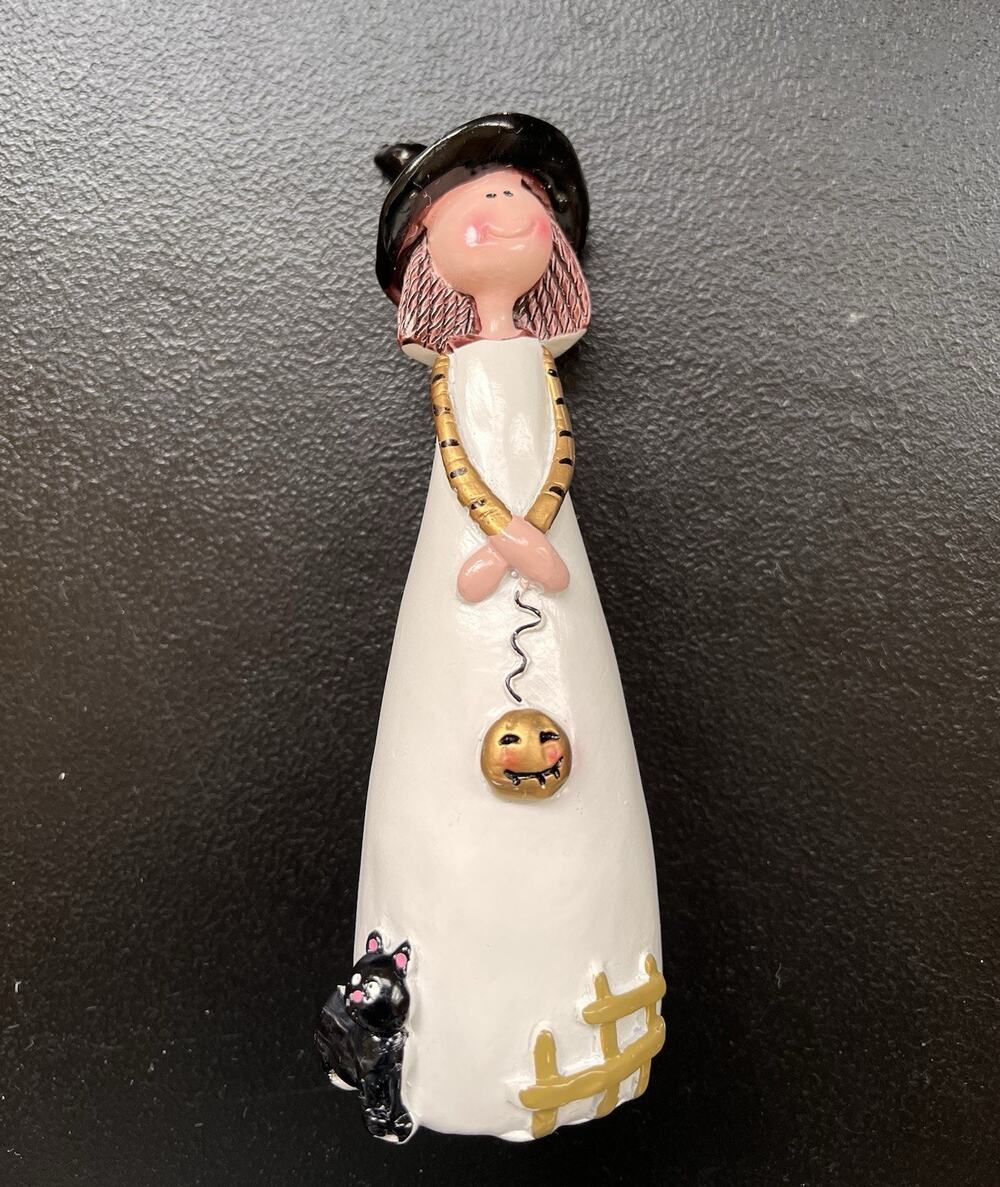 Whimsical Witch Resin Figurine With Black Cat & Pumpkin Halloween Decor 6" High
